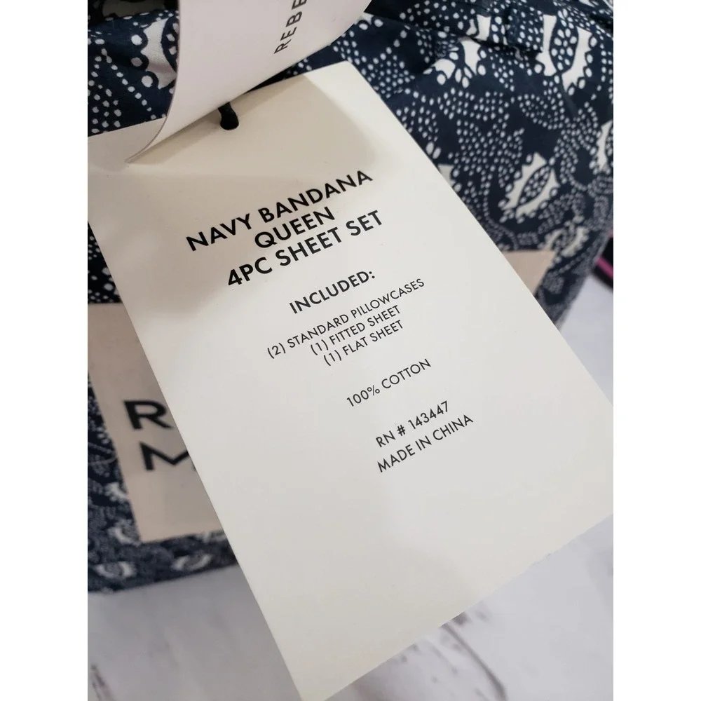 QUEEN REBECCA MINKOFF NAVY BANDANA Sheet Set Cotton Percale navy white western